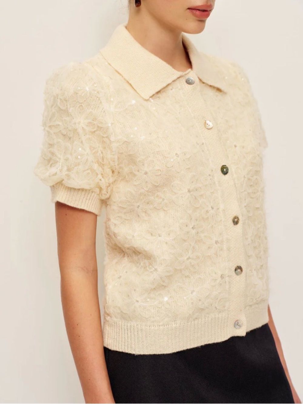 Zara Cream Floral Lace Knit Short Sleeve Cardigan M